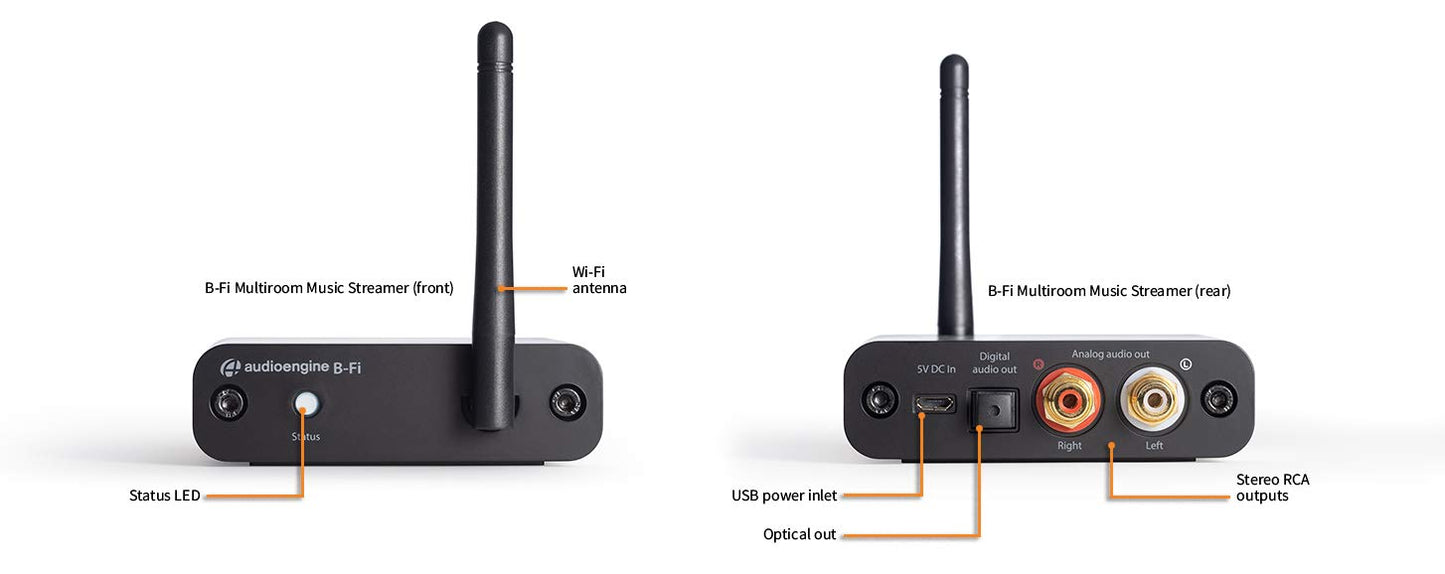 Audioengine B-Fi Multiroom Music Streamer | Hi-Fi Low Latency Wi-Fi Audio Receiver, Wireless Audio Adapter for Speakers, AV Receiver, Stereo Amp, Airplay, DLNA, HD Streaming, Phone, Tablet, Computer